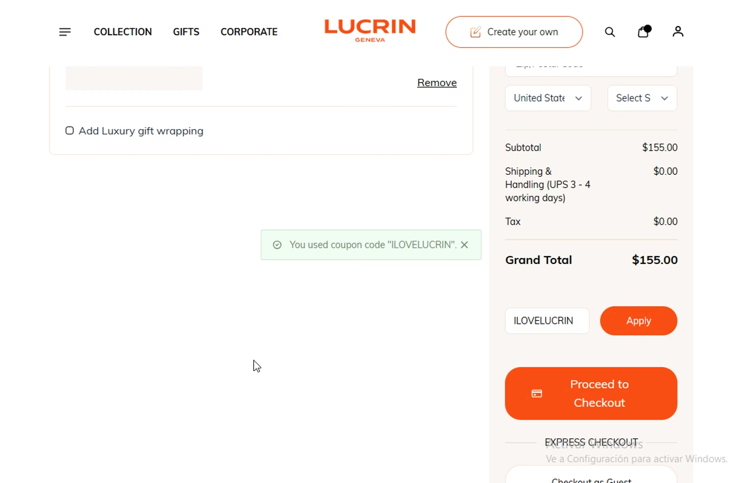 Lucrin coupon code screenshot showing code ILOVELUCRIN applied at Lucrin checkout page. Uploaded by SimplyCodes community member BudgetGuardian5712 on Dec 17, 2025