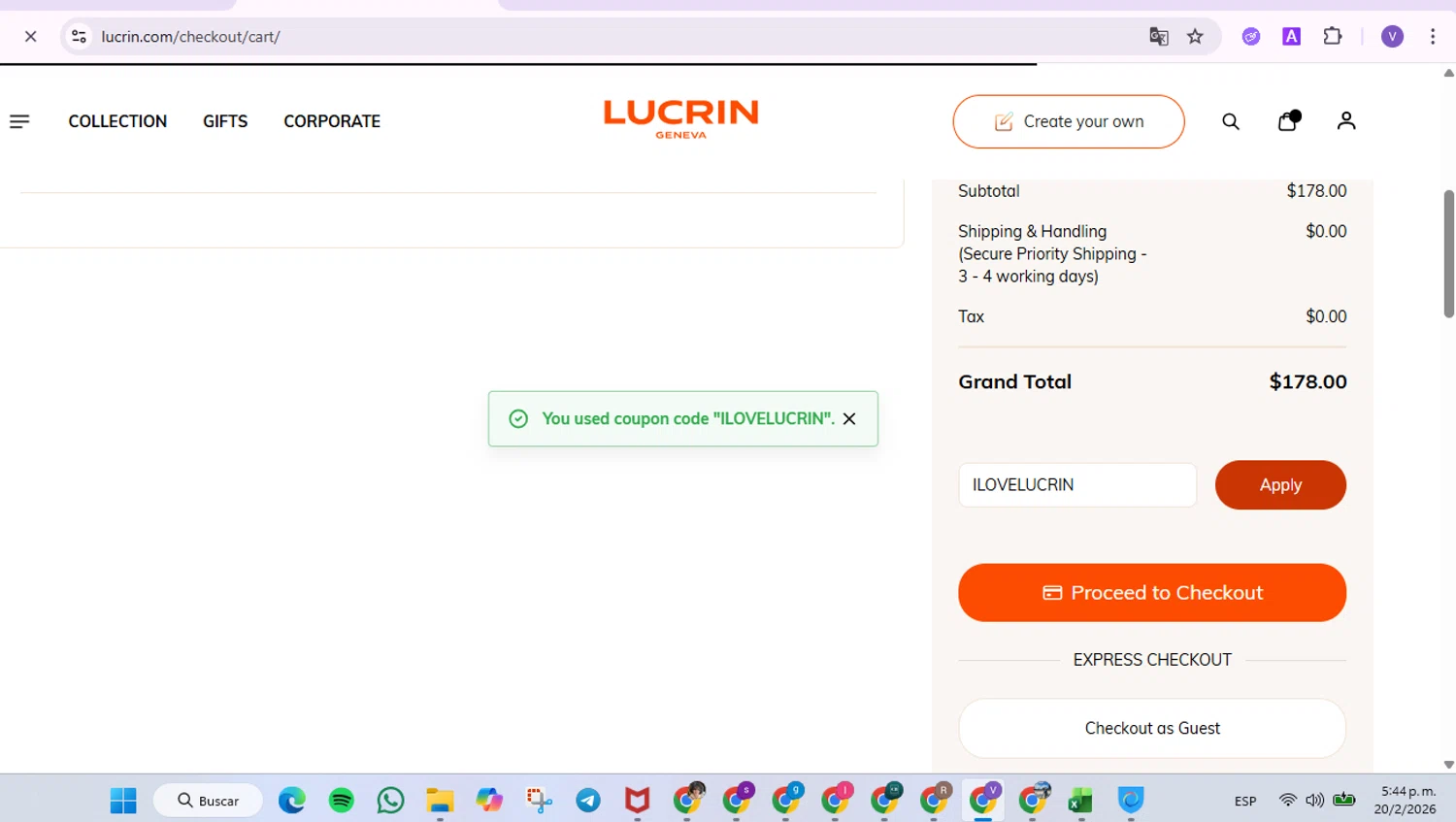 Lucrin checkout page showing Lucrin coupon code box | Screenshot taken by SimplyCodes community member on Feb 20, 2026