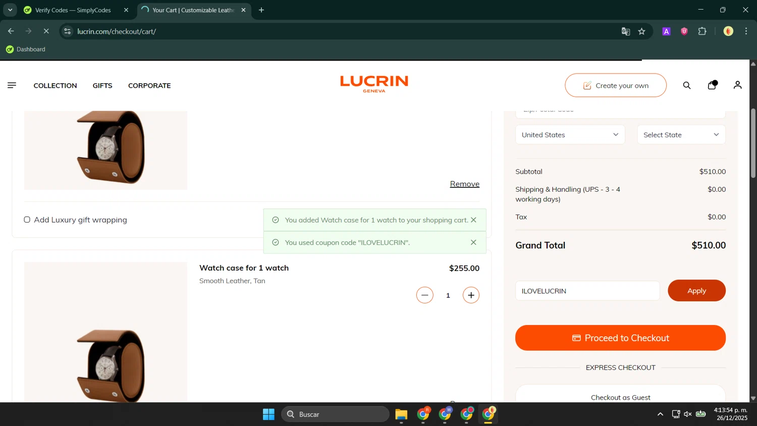 Lucrin coupon code screenshot showing code ILOVELUCRIN applied at Lucrin checkout page. Uploaded by SimplyCodes community member LuckyShopper9694 on Dec 26, 2025