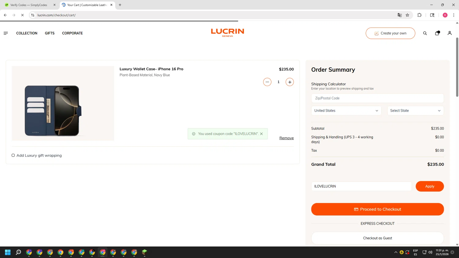 Lucrin checkout page showing Lucrin coupon code box | Screenshot taken by SimplyCodes community member on Jan 26, 2026