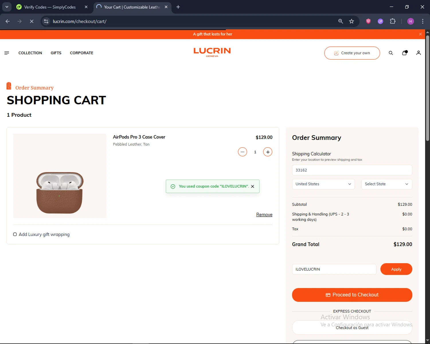 Lucrin checkout page showing Lucrin coupon code box | Screenshot taken by SimplyCodes community member on Jan 29, 2026