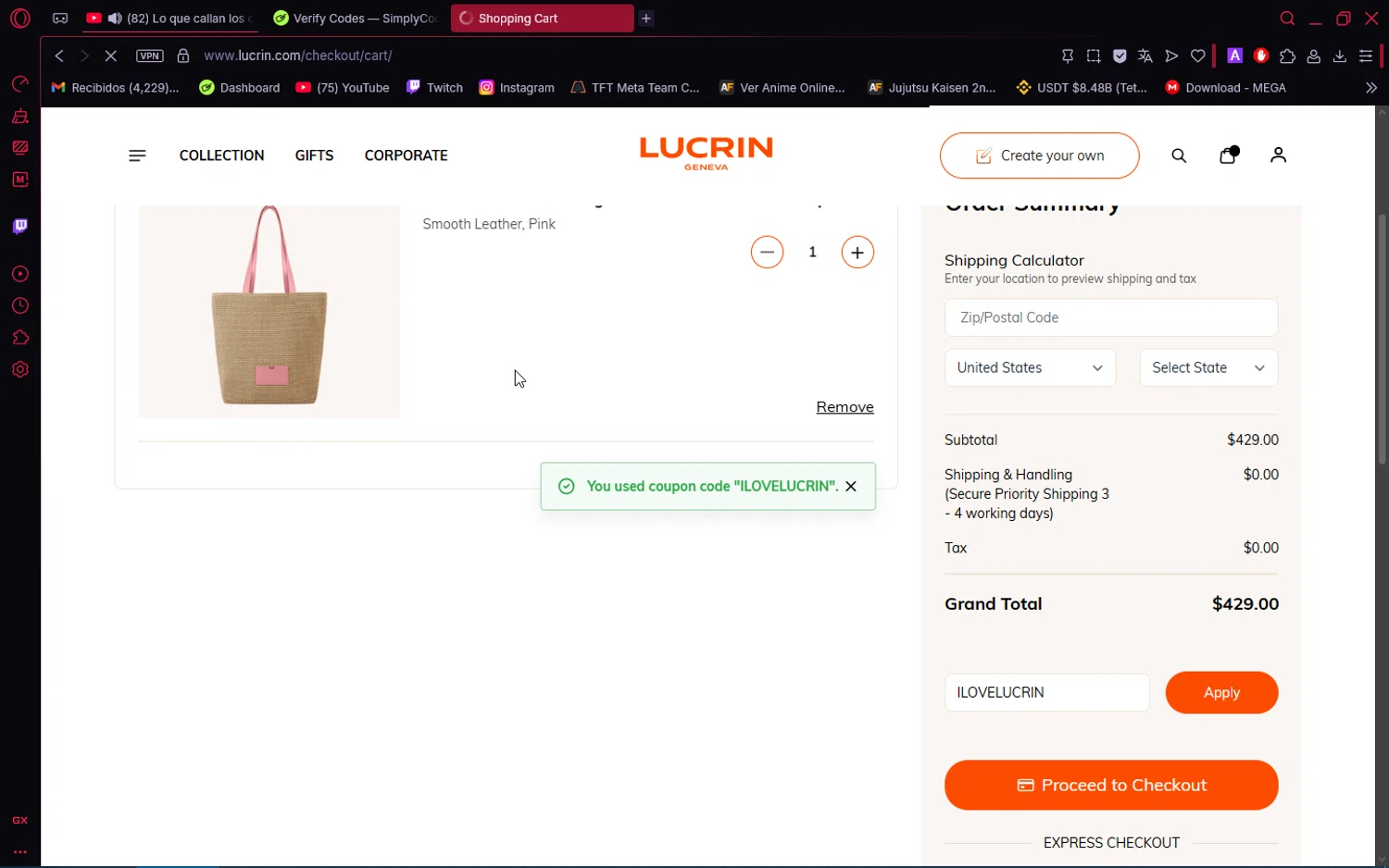 Lucrin checkout page showing Lucrin coupon code box | Screenshot taken by SimplyCodes community member on Feb 16, 2026