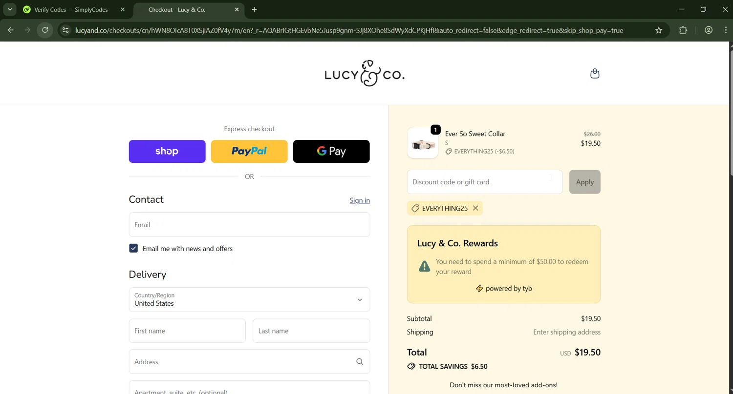 Lucy & Co. promo code screenshot showing code EVERYTHING25 applied at Lucy & Co. checkout page. Uploaded by SimplyCodes community member CashWizard4502 on Feb 4, 2026