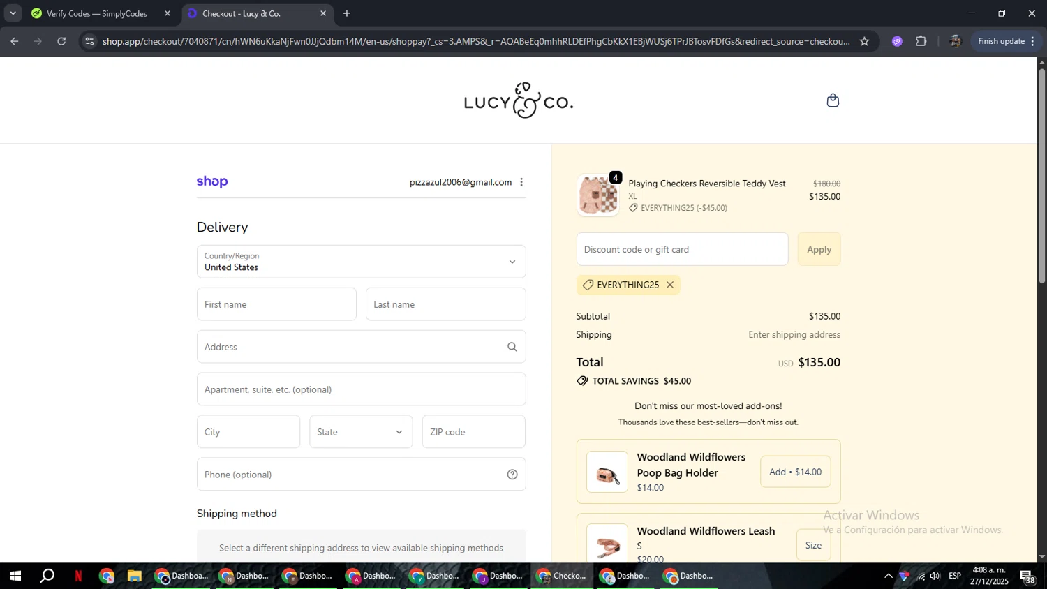 Lucy & Co. promo code screenshot showing code EVERYTHING25 applied at Lucy & Co. checkout page. Uploaded by SimplyCodes community member xxdddd on Dec 27, 2025