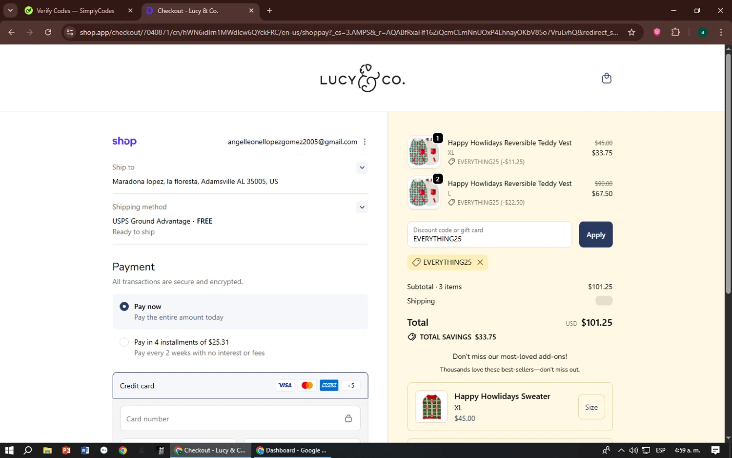 Lucy & Co. promo code screenshot showing code EVERYTHING25 applied at Lucy & Co. checkout page. Uploaded by SimplyCodes community member zizu55 on Dec 22, 2025