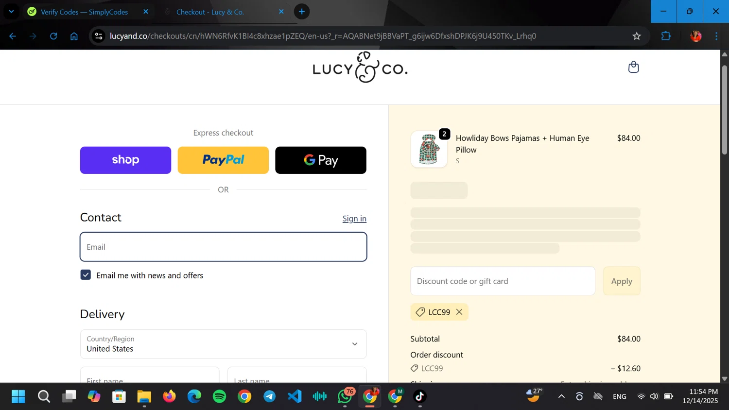 Lucy & Co. promo code screenshot showing code LCC99 applied at Lucy & Co. checkout page. Uploaded by SimplyCodes community member ELGOAT on Dec 15, 2025
