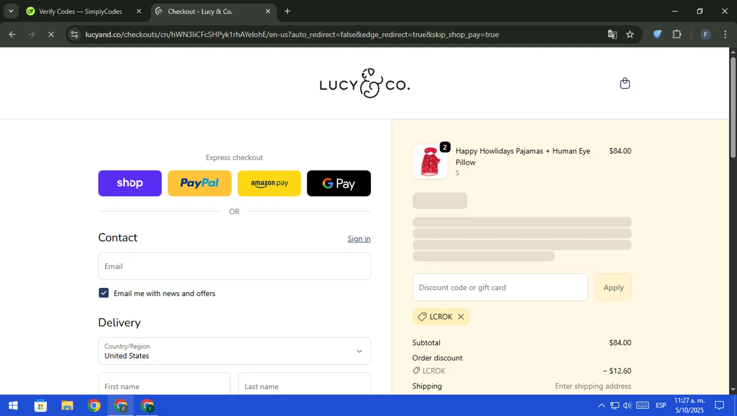Lucy & Co. promo code screenshot showing code LCROK applied at Lucy & Co. checkout page. Uploaded by SimplyCodes community member pajarito on Oct 5, 2025