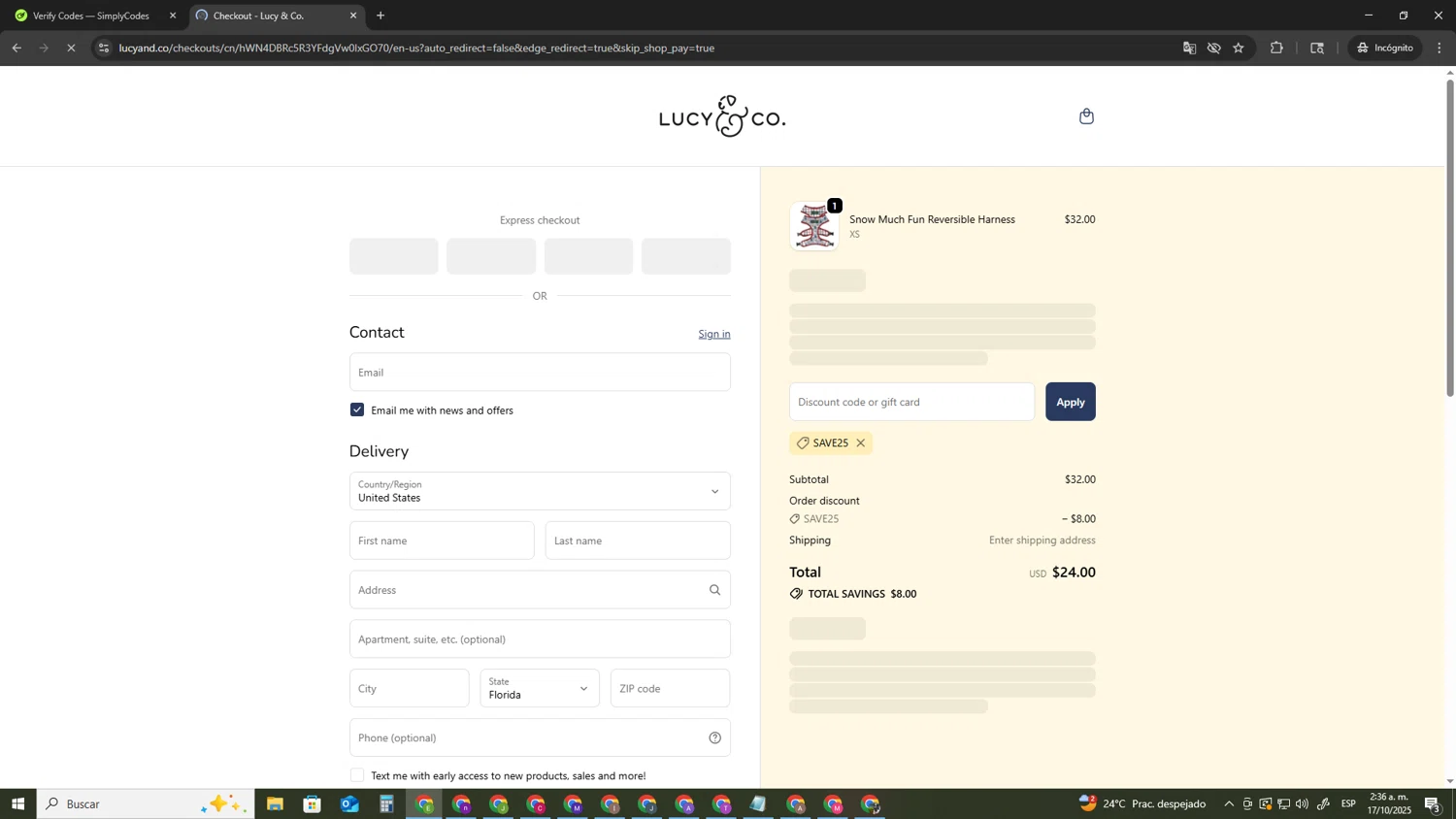 Lucy & Co. promo code screenshot showing code SAVE25 applied at Lucy & Co. checkout page. Uploaded by SimplyCodes community member SUZUKIV on Oct 17, 2025
