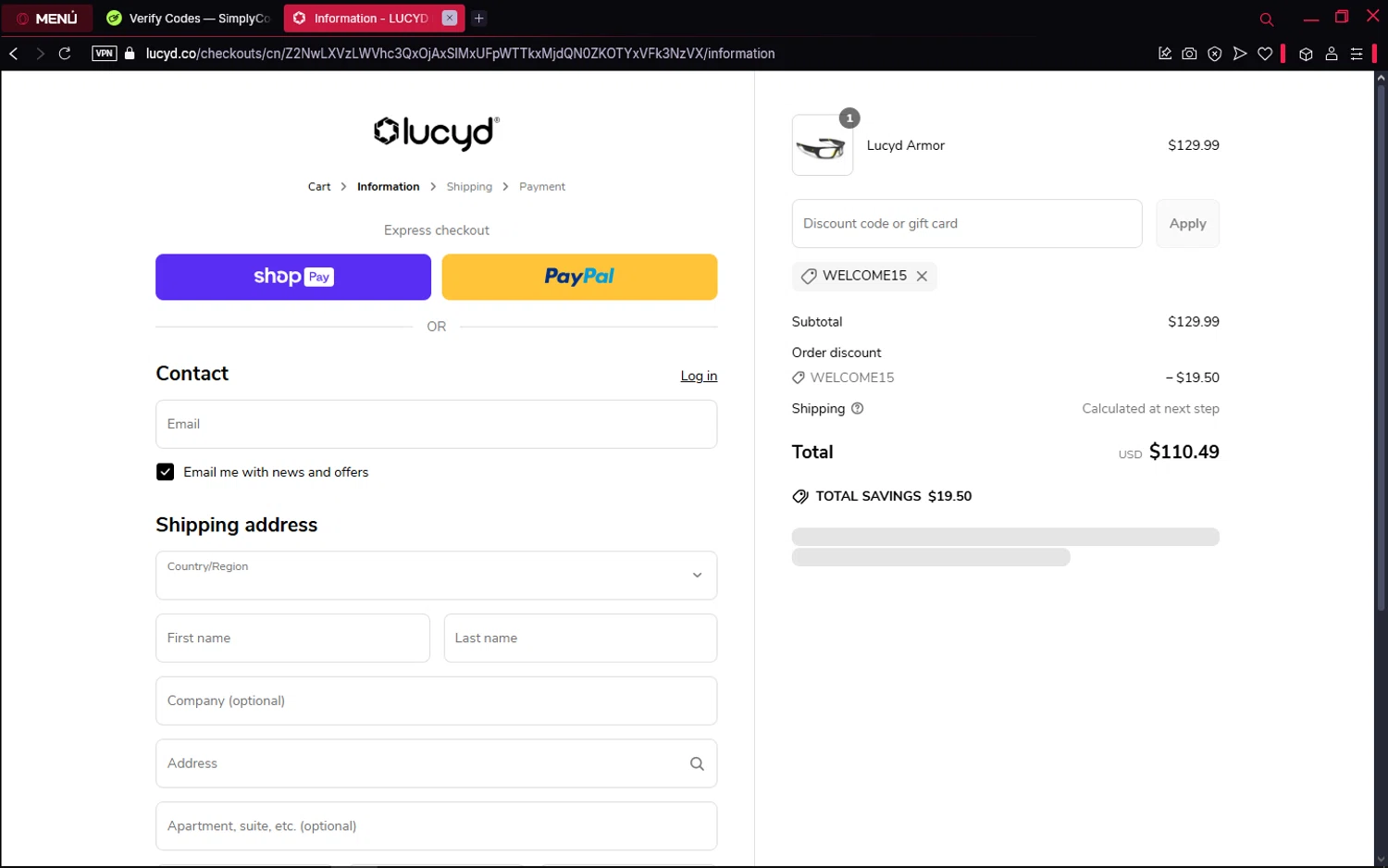 Lucyd discount code screenshot showing code WELCOME15 applied at Lucyd checkout page. Uploaded by SimplyCodes community member TokenElite6436 on Apr 17, 2025
