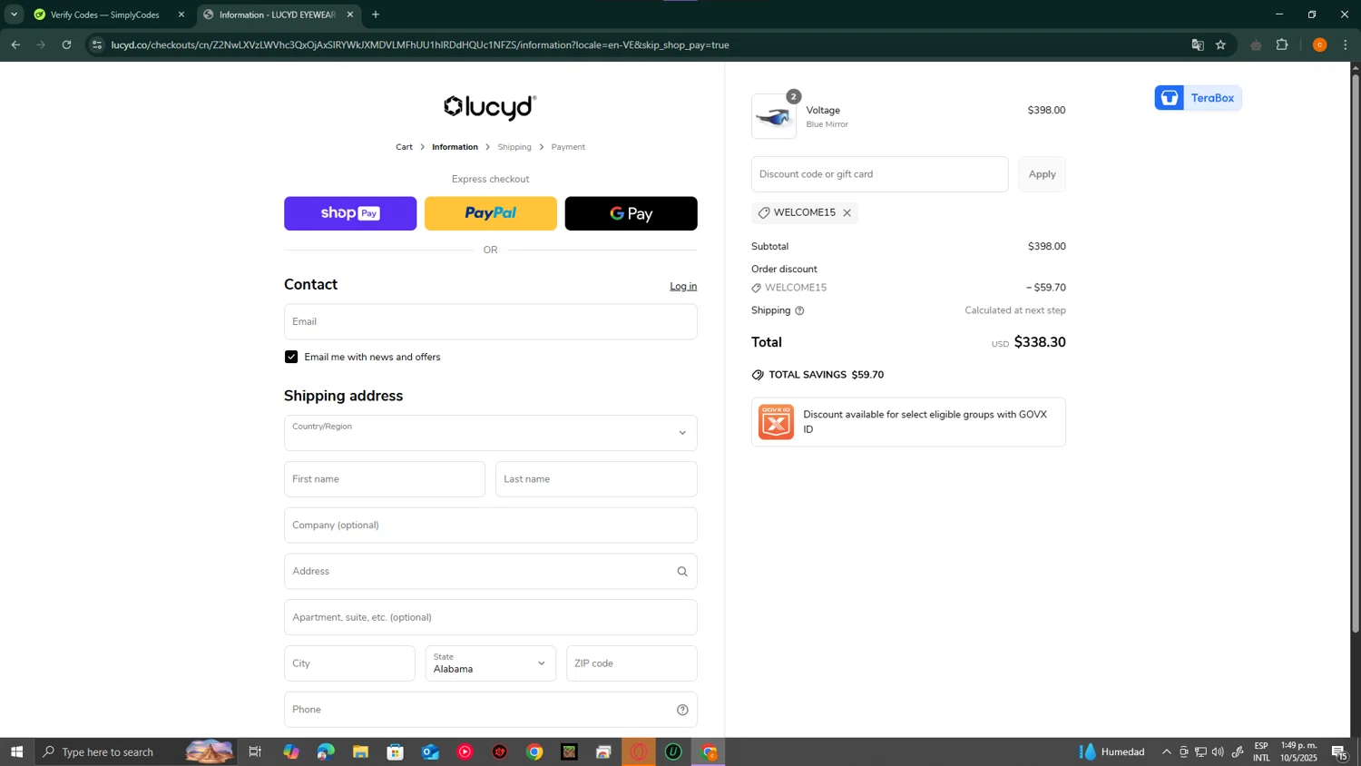 Lucyd discount code screenshot showing code WELCOME15 applied at Lucyd checkout page. Uploaded by SimplyCodes community member ShrewdCaptain9911 on May 10, 2025