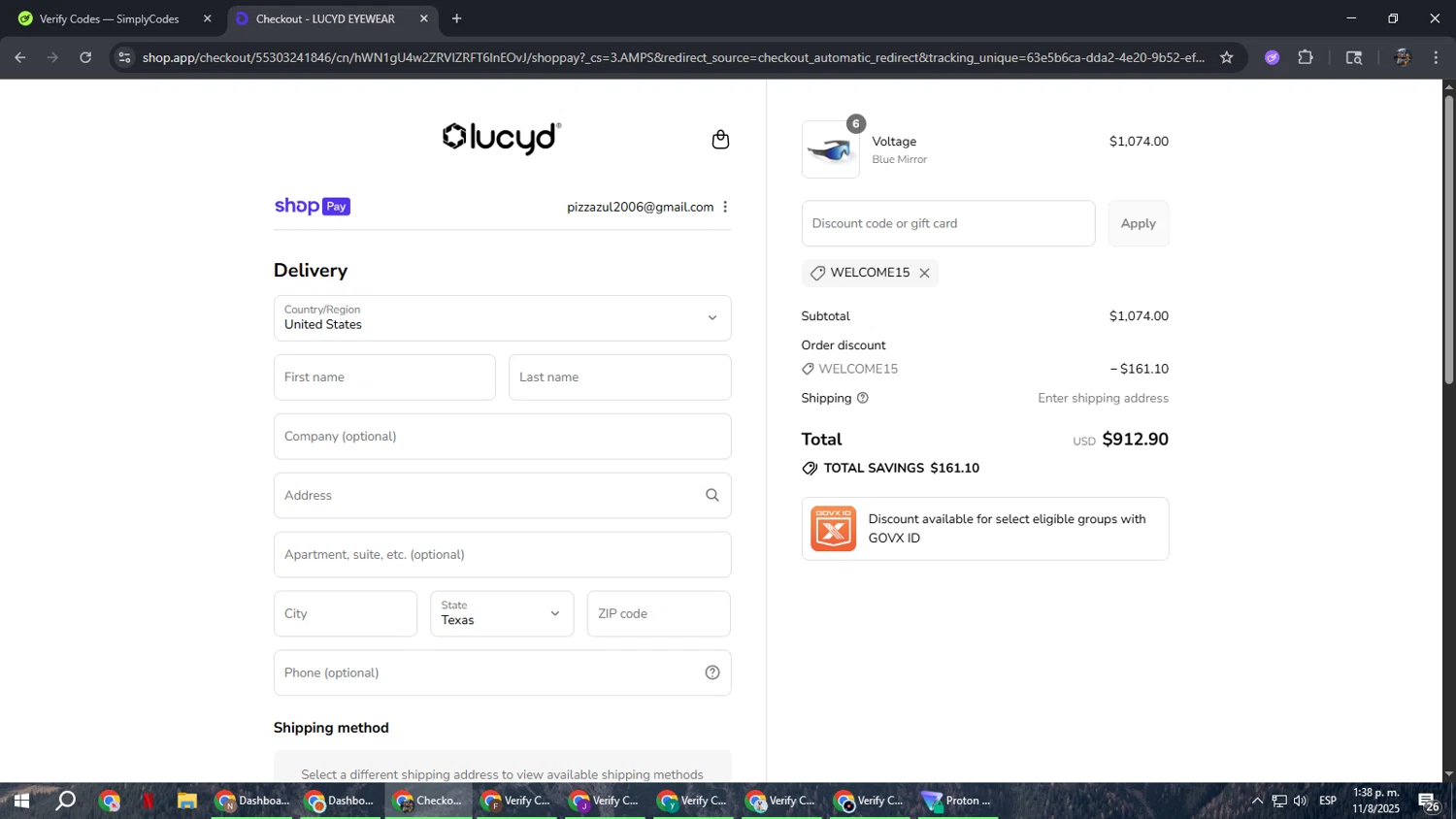 Lucyd discount code screenshot showing code WELCOME15 applied at Lucyd checkout page. Uploaded by SimplyCodes community member xxdddd on Aug 11, 2025