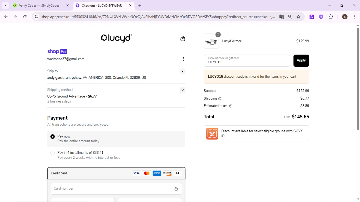 Lucyd discount code screenshot showing code LUCYD15 applied at Lucyd checkout page. Uploaded by SimplyCodes community member QuestPhoenix2794 on Jun 17, 2025