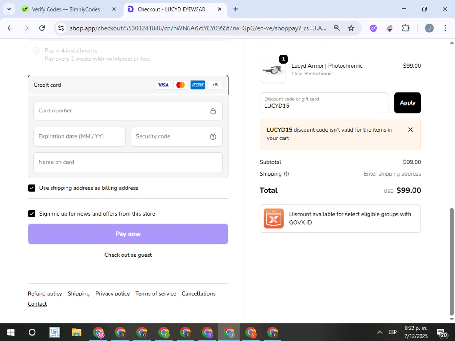 Lucyd discount code screenshot showing code LUCYD15 applied at Lucyd checkout page. Uploaded by SimplyCodes community member ValueTracker8384 on Dec 8, 2025
