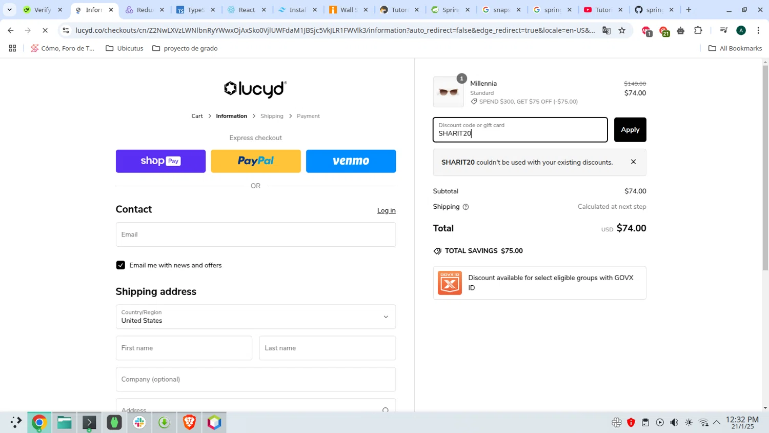 Lucyd discount code screenshot showing code SHARIT20 applied at Lucyd checkout page. Uploaded by SimplyCodes community member admeneses on Jan 21, 2025