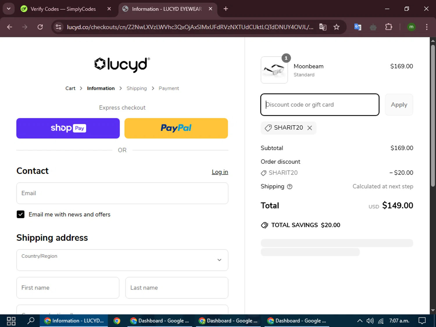 Lucyd discount code screenshot showing code SHARIT20 applied at Lucyd checkout page. Uploaded by SimplyCodes community member LuckyEagle8698 on Apr 17, 2025