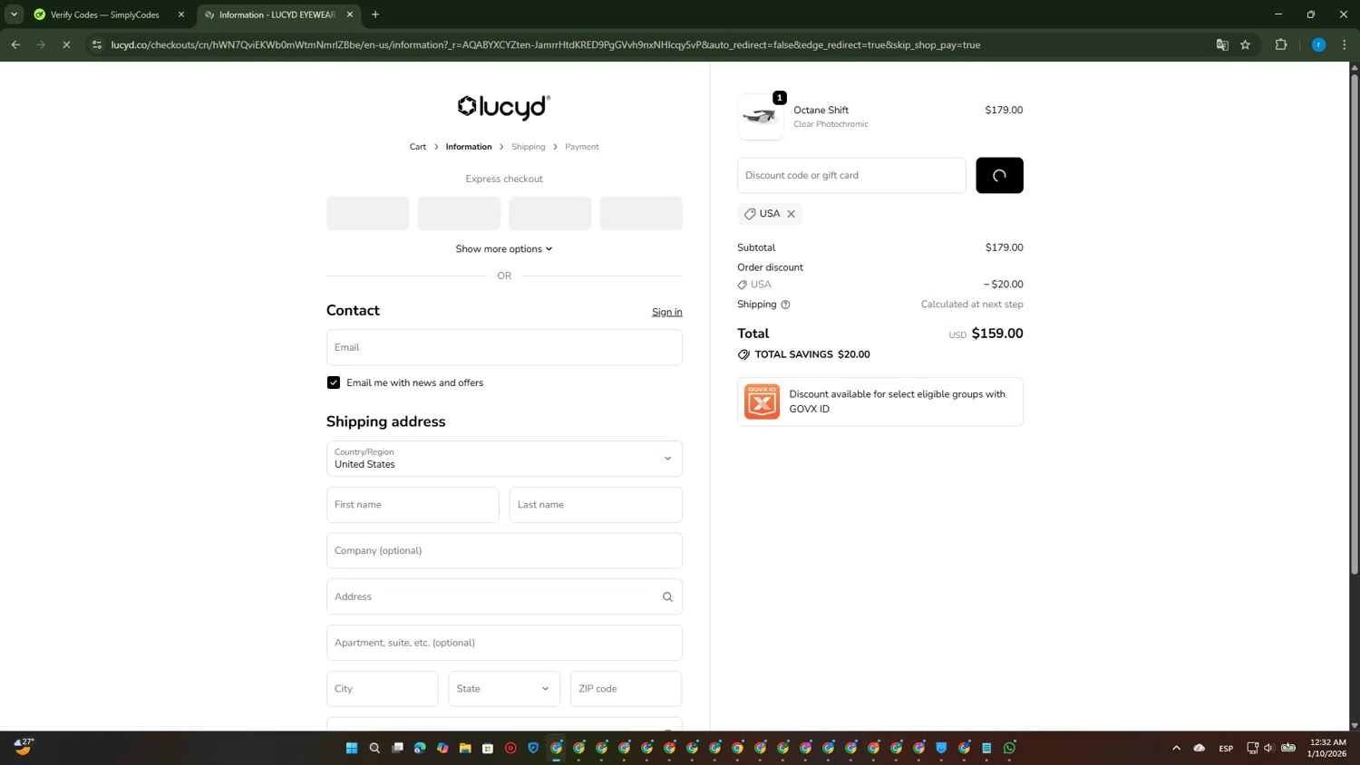Lucyd checkout page showing Lucyd discount code box | Screenshot taken by SimplyCodes community member on Jan 10, 2026