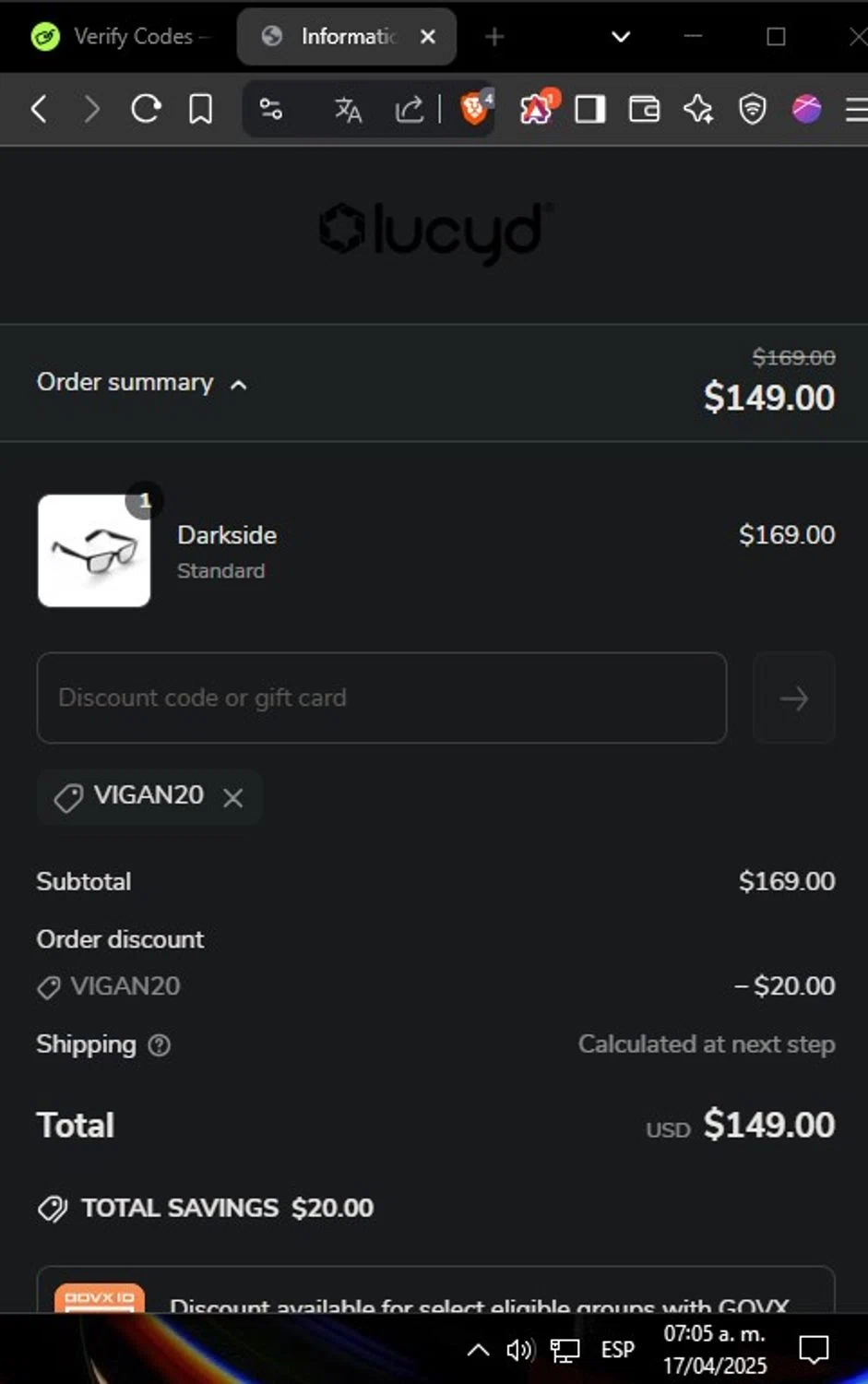 Lucyd discount code screenshot showing code Vigan20 applied at Lucyd checkout page. Uploaded by SimplyCodes community member Joche25 on Apr 17, 2025
