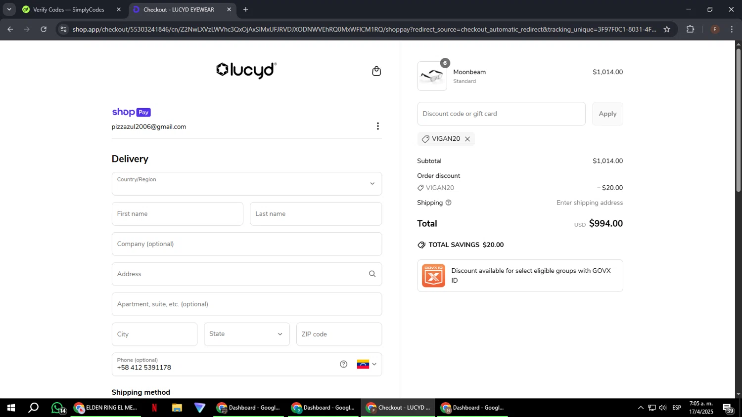 Lucyd discount code screenshot showing code Vigan20 applied at Lucyd checkout page. Uploaded by SimplyCodes community member ExtraordinaryHunter3076 on Apr 17, 2025