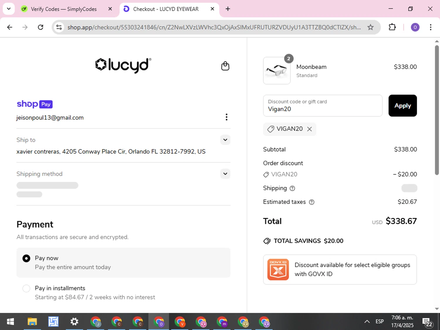 Lucyd discount code screenshot showing code Vigan20 applied at Lucyd checkout page. Uploaded by SimplyCodes community member CleverLynx8245 on Apr 17, 2025