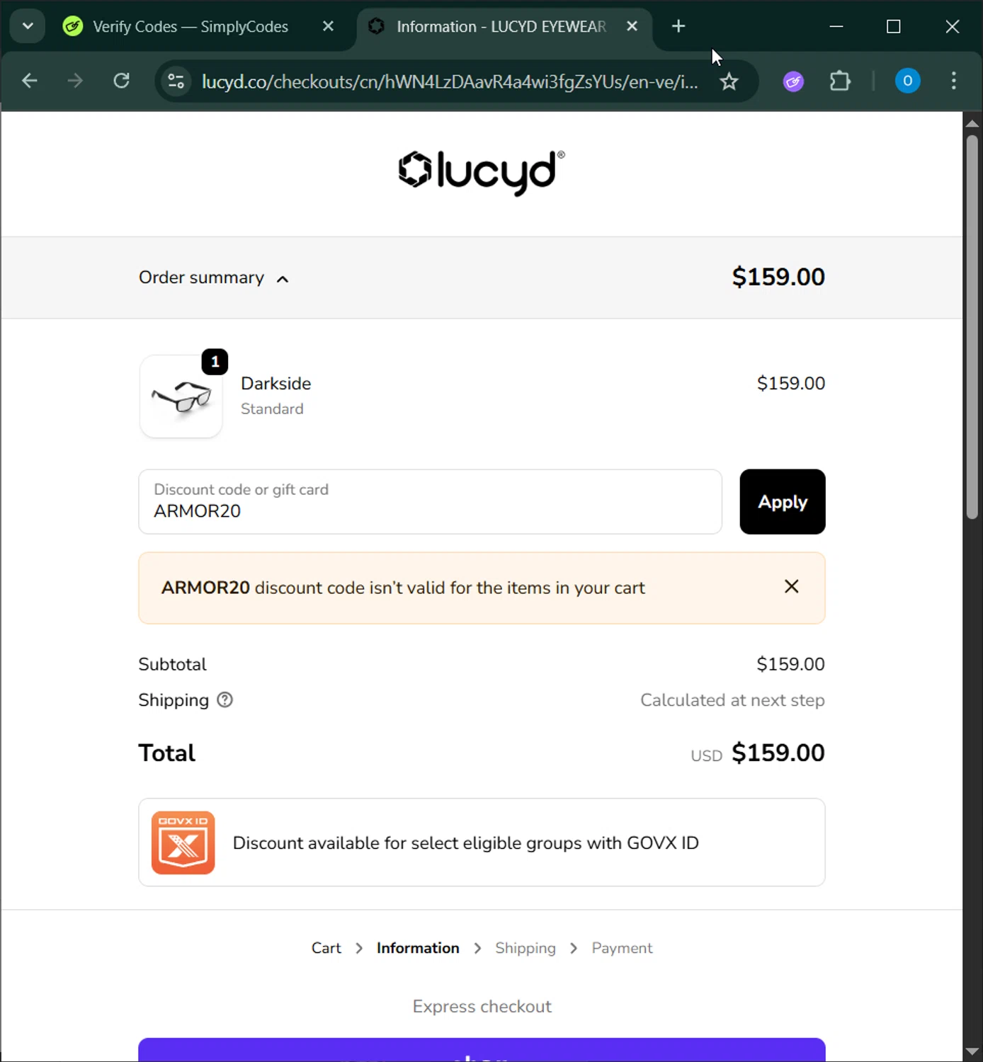 Lucyd discount code screenshot showing code ARMOR20 applied at Lucyd checkout page. Uploaded by SimplyCodes community member _____________ on Oct 21, 2025