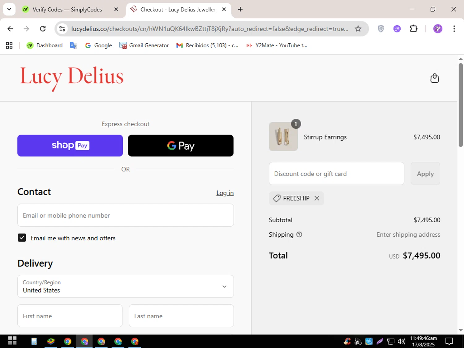 Lucy Delius Jewellery promo code screenshot showing code FREESHIP applied at Lucy Delius Jewellery checkout page. Uploaded by SimplyCodes community member CouponSentinel5832 on Aug 17, 2025