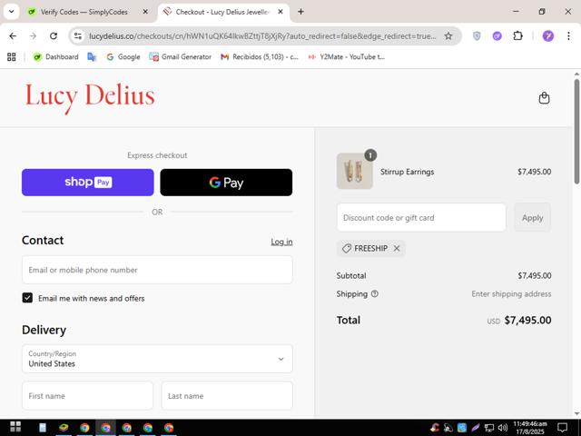 Lucy Delius Jewellery checkout page showing Lucy Delius Jewellery promo code box | Screenshot taken by SimplyCodes community member on Aug 17, 2025