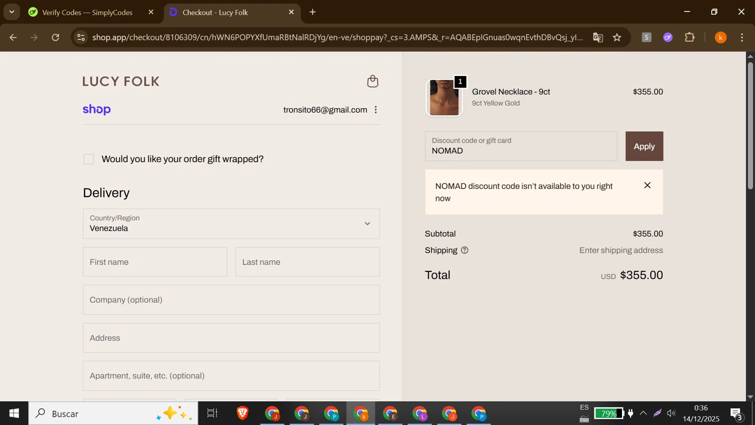 Lucy Folk discount code screenshot showing code NOMAD applied at Lucy Folk checkout page. Uploaded by SimplyCodes community member MoneyShopper1883 on Dec 14, 2025