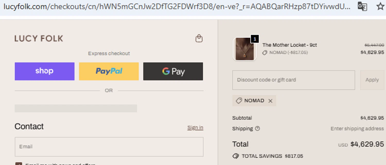Lucy Folk discount code screenshot showing code NOMAD applied at Lucy Folk checkout page. Uploaded by SimplyCodes community member PennyOwl2559 on Nov 27, 2025