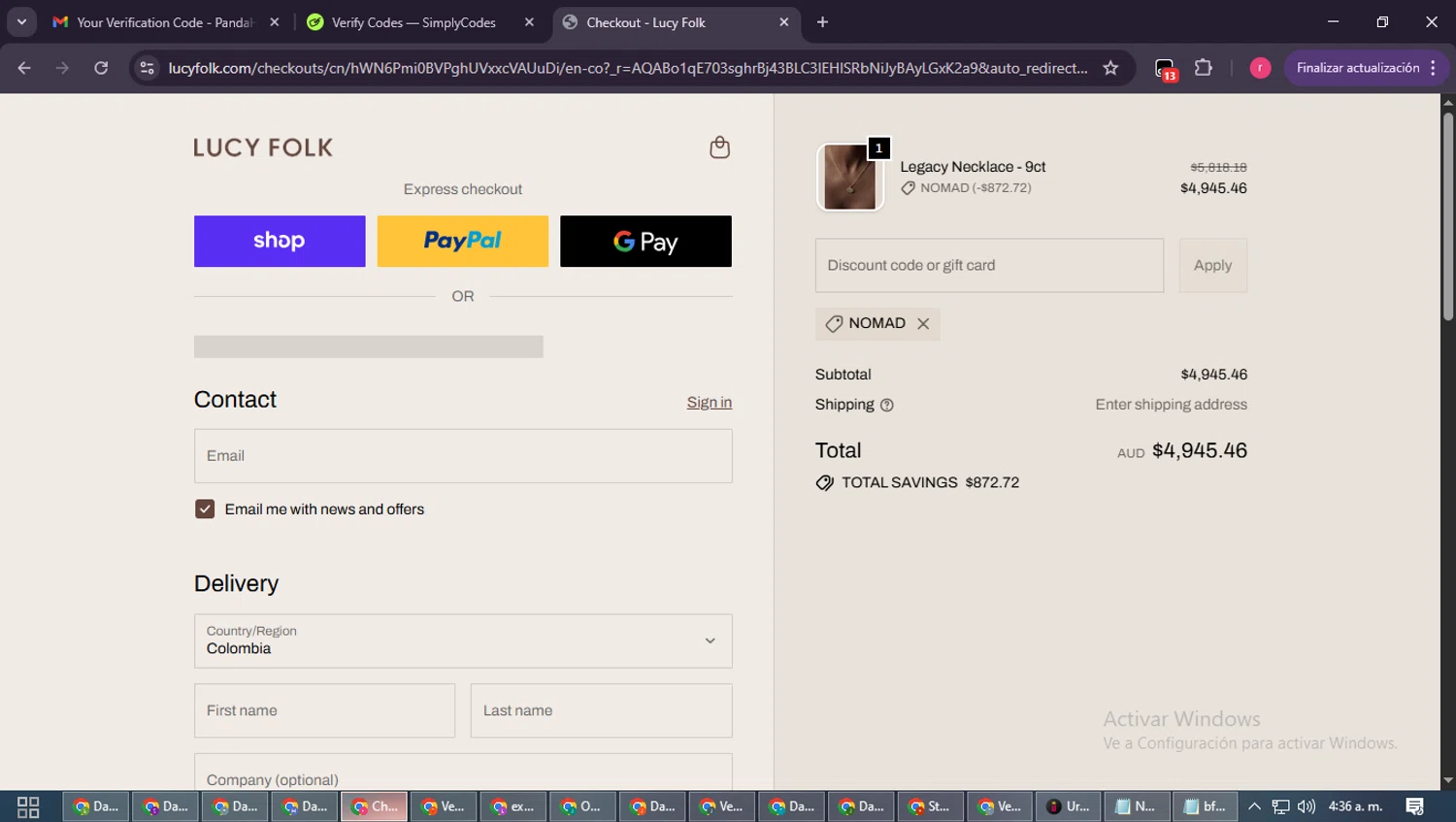 Lucy Folk discount code screenshot showing code NOMAD applied at Lucy Folk checkout page. Uploaded by SimplyCodes community member WisePro3739 on Dec 14, 2025