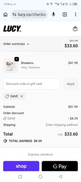 Lucy Nicotine coupon verification screenshot