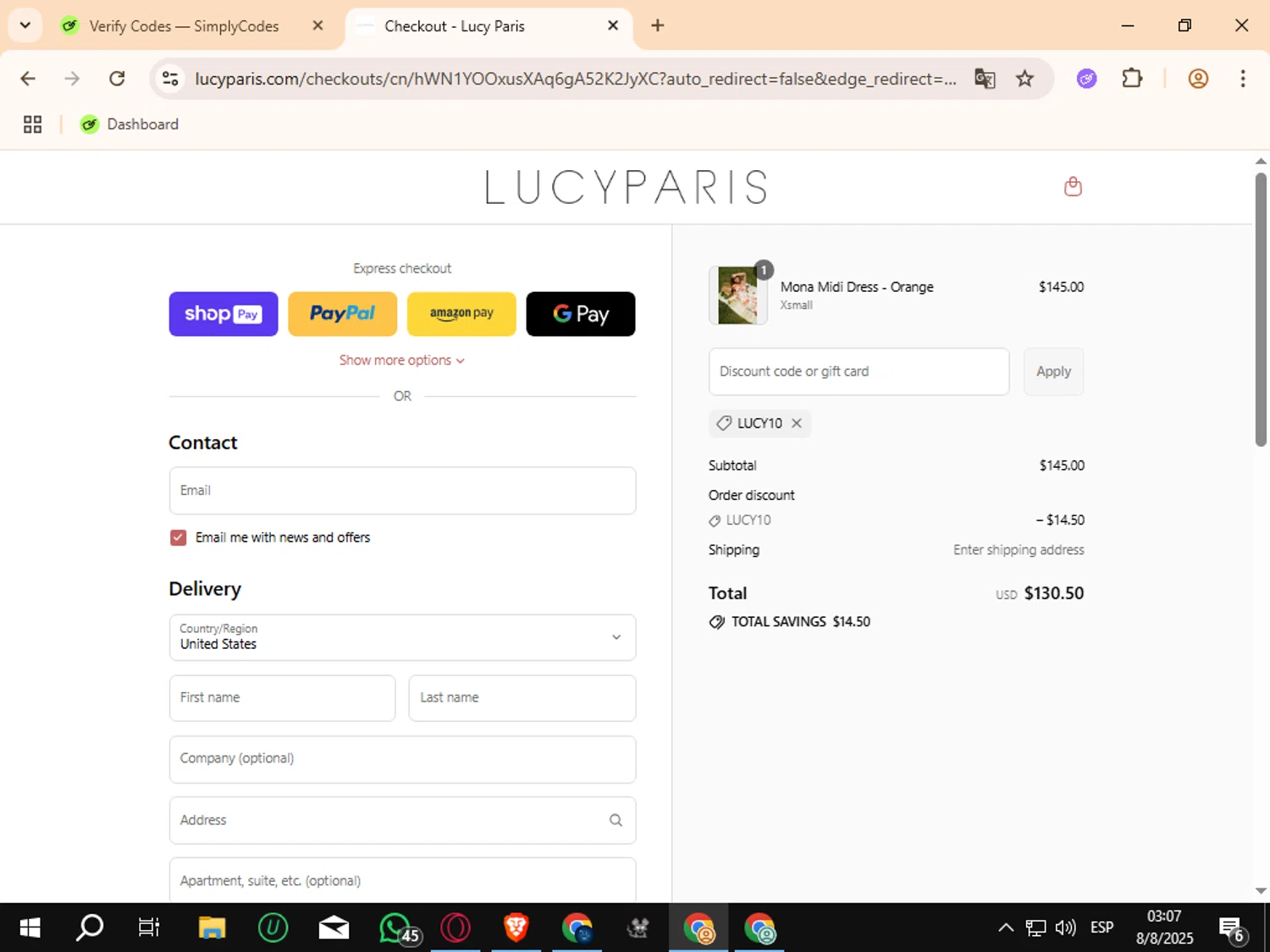 Lucy Paris promo code screenshot showing code LUCY10 applied at Lucy Paris checkout page. Uploaded by SimplyCodes community member Crchirino1 on Aug 8, 2025