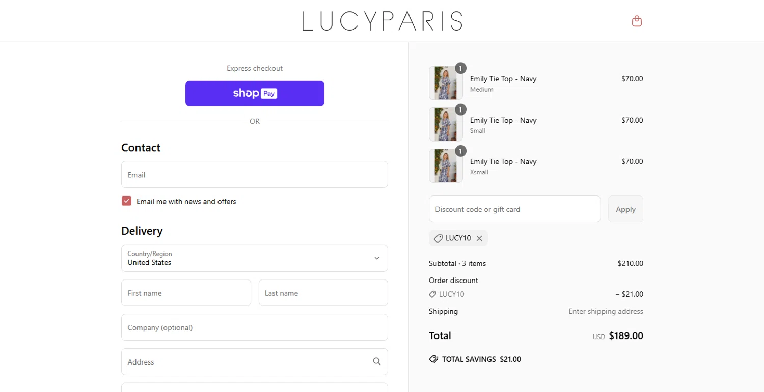 Lucy Paris promo code screenshot showing code LUCY10 applied at Lucy Paris checkout page. Uploaded by SimplyCodes community member MarcosTorresVzla on Jun 24, 2025