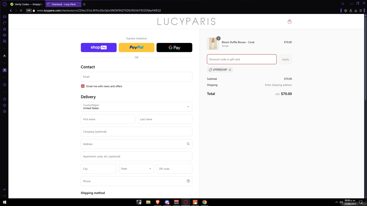 Lucy Paris promo code screenshot showing code LPFREESHIP applied at Lucy Paris checkout page. Uploaded by SimplyCodes community member Vipera on Apr 21, 2025