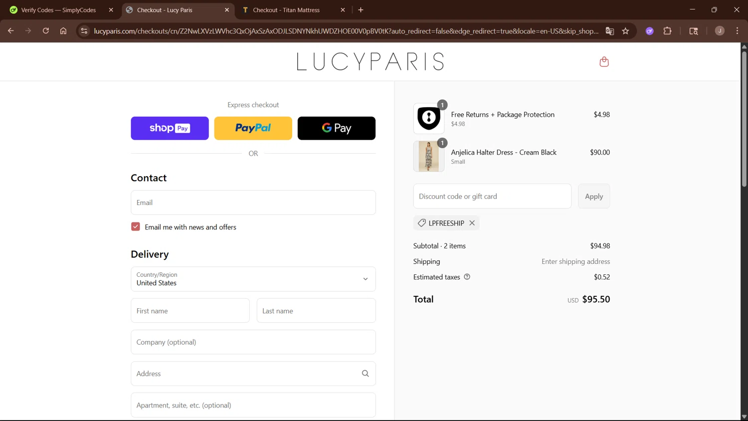 Lucy Paris promo code screenshot showing code LPFREESHIP applied at Lucy Paris checkout page. Uploaded by SimplyCodes community member WisePro3955 on Jul 13, 2025
