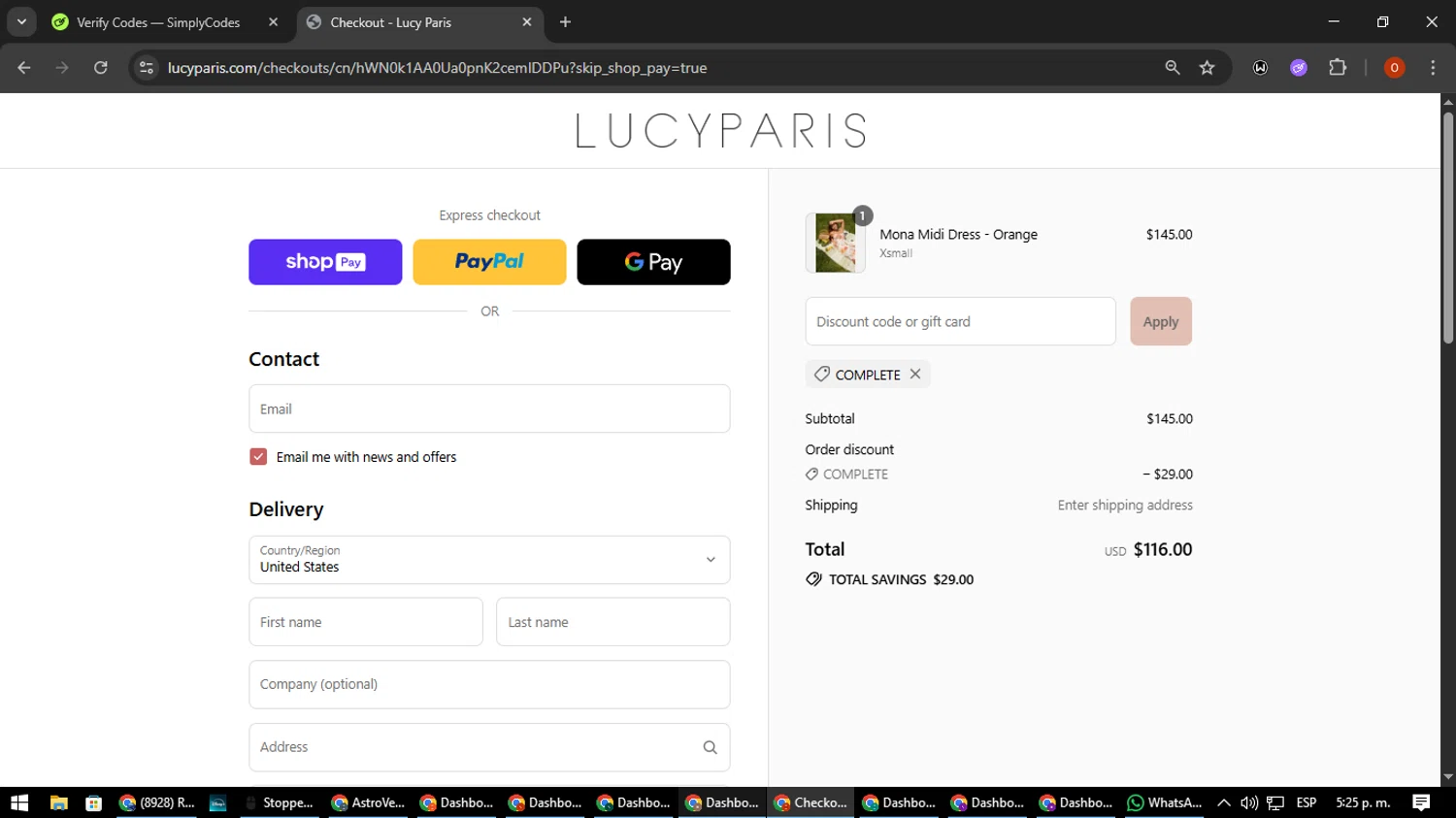Lucy Paris promo code screenshot showing code COMPLETE applied at Lucy Paris checkout page. Uploaded by SimplyCodes community member CleverSpotter3730 on Jul 17, 2025