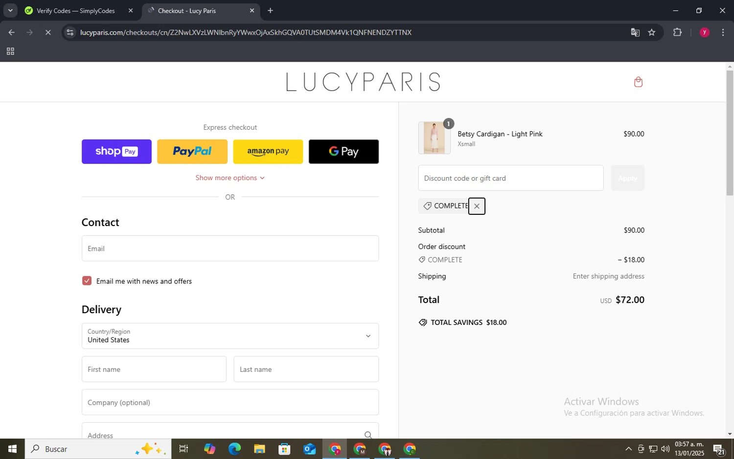 Lucy Paris promo code screenshot showing code COMPLETE applied at Lucy Paris checkout page. Uploaded by SimplyCodes community member ThriftyWizard1508 on Jan 13, 2025