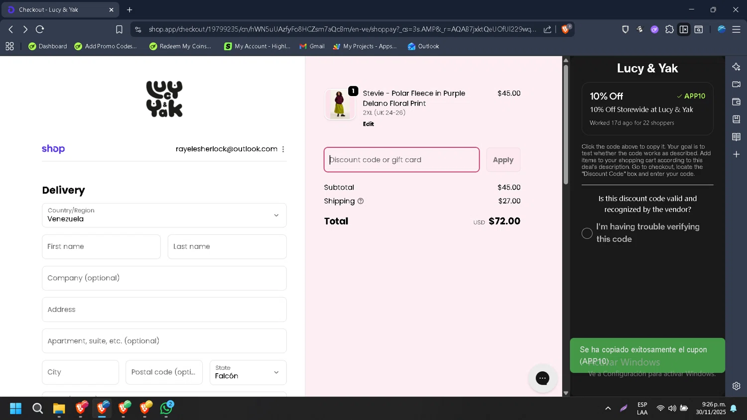 Lucy & Yak discount code screenshot showing code APP10 applied at Lucy & Yak checkout page. Uploaded by SimplyCodes community member HugoChavez1 on Dec 1, 2025