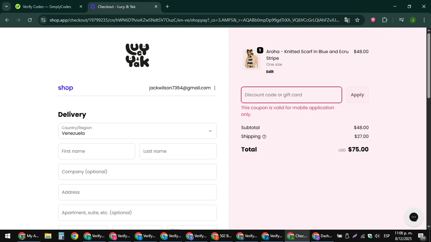 Lucy & Yak discount code screenshot showing code APP10 applied at Lucy & Yak checkout page. Uploaded by SimplyCodes community member ShieldFinder369 on Dec 9, 2025