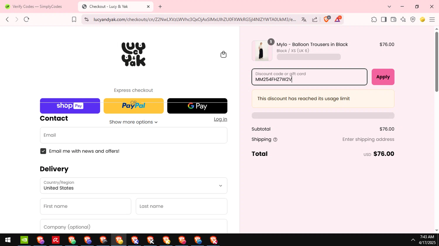 Lucy & Yak discount code screenshot showing code MM254FHZ7W2V applied at Lucy & Yak checkout page. Uploaded by SimplyCodes community member GloriousSage2502 on Apr 17, 2025