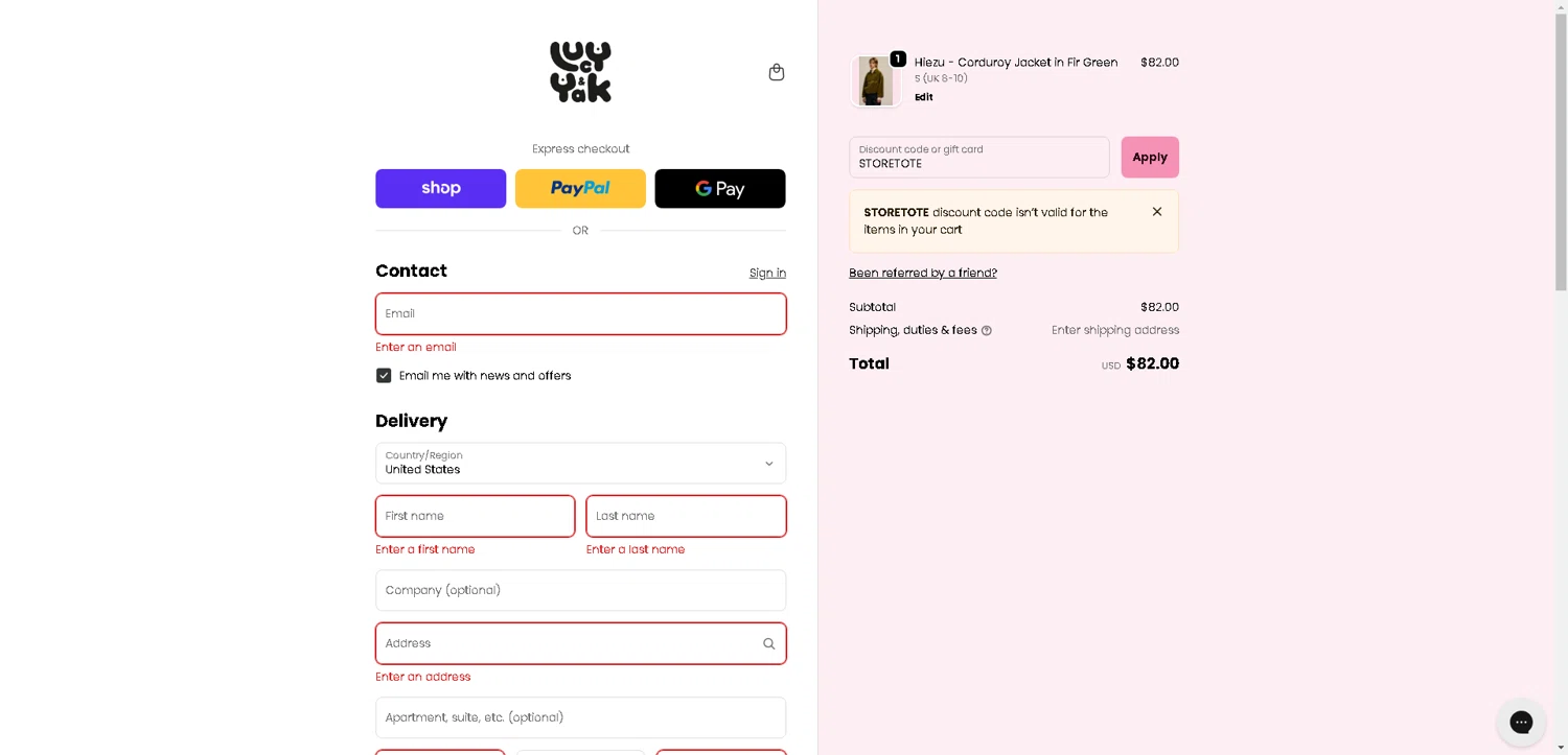 Lucy & Yak discount code screenshot showing code STORETOTE applied at Lucy & Yak checkout page. Uploaded by SimplyCodes community member VoucherHero1009 on Oct 9, 2025