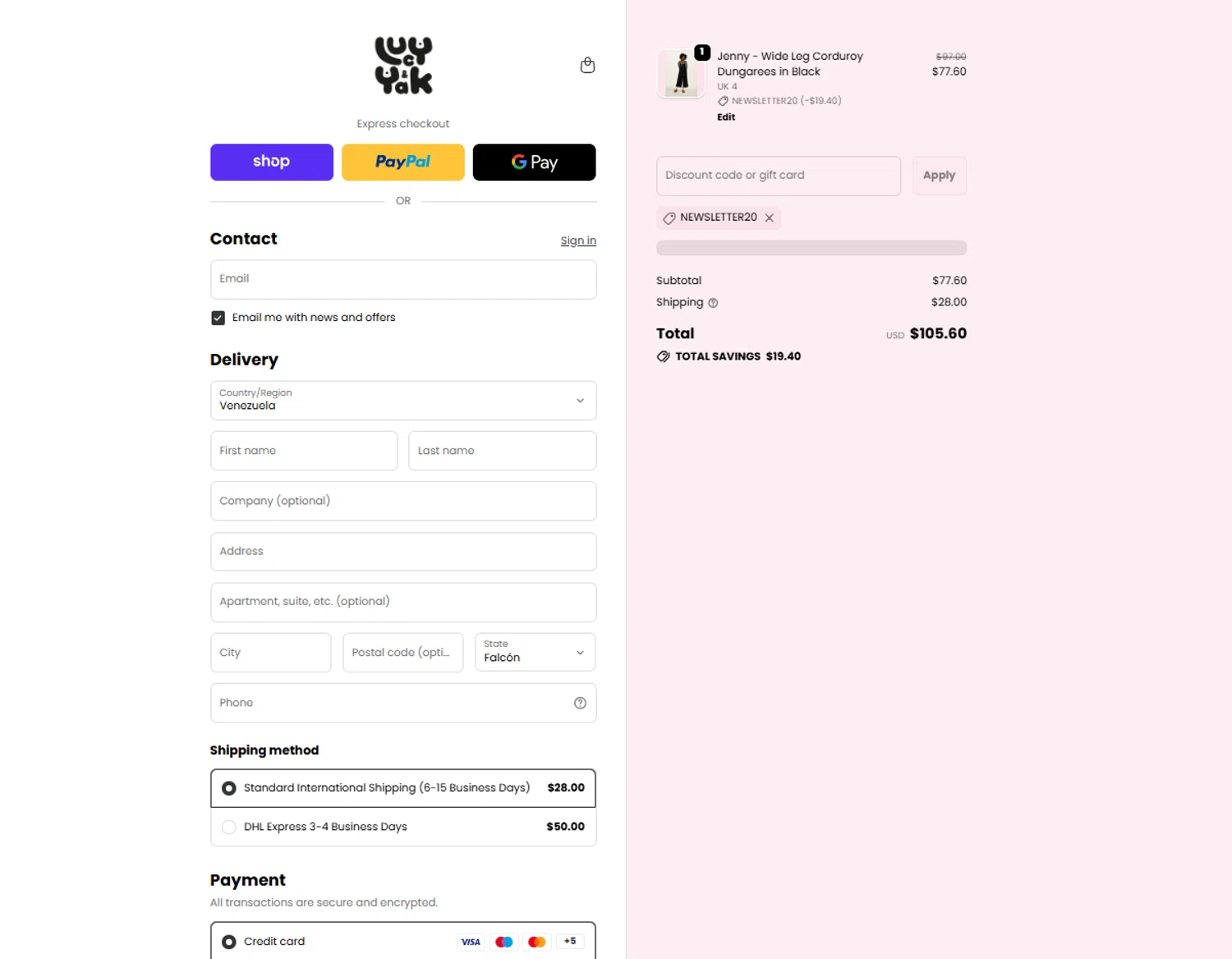 Lucy & Yak discount code screenshot showing code NEWSLETTER20 applied at Lucy & Yak checkout page. Uploaded by SimplyCodes community member reggiesmith on Feb 3, 2026
