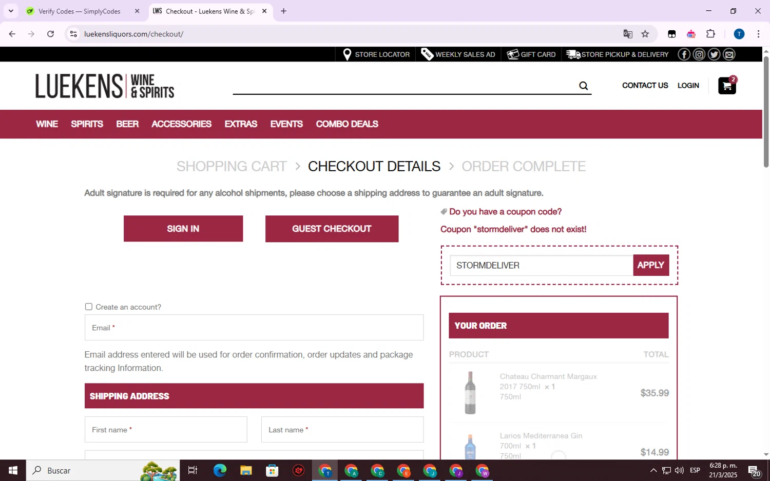 Luekens Liquors promo code screenshot showing code STORMDELIVER applied at Luekens Liquors checkout page. Uploaded by SimplyCodes community member WonderVirtuoso7677 on Mar 21, 2025