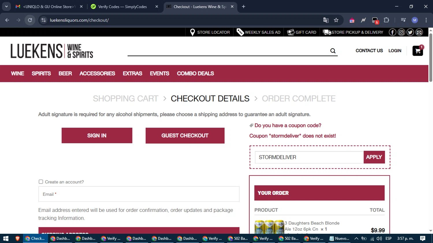 Luekens Liquors promo code screenshot showing code STORMDELIVER applied at Luekens Liquors checkout page. Uploaded by SimplyCodes community member PrimeFox5260 on Mar 13, 2025