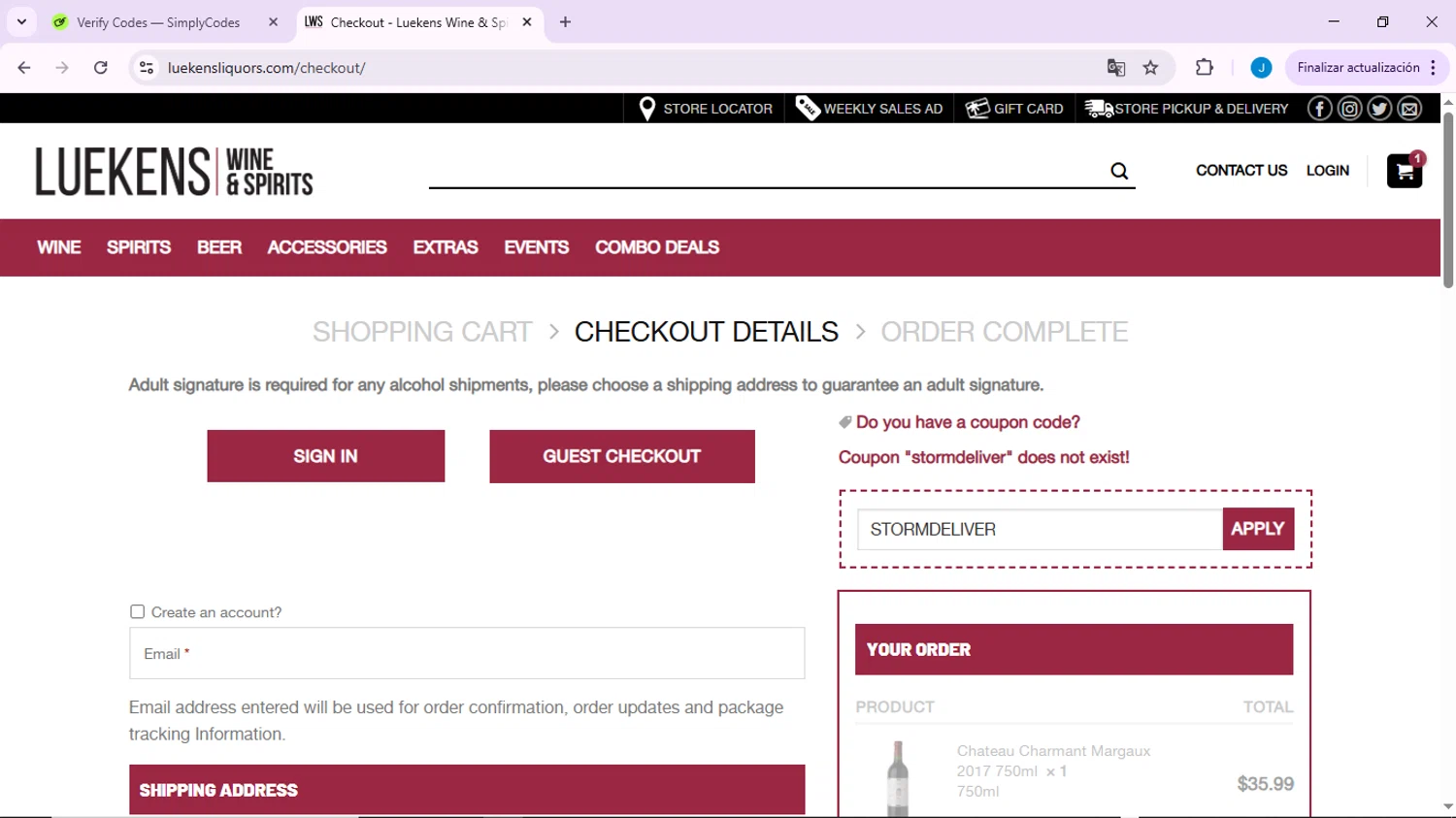 Luekens Liquors promo code screenshot showing code STORMDELIVER applied at Luekens Liquors checkout page. Uploaded by SimplyCodes community member CodeLynx3161 on Mar 21, 2025