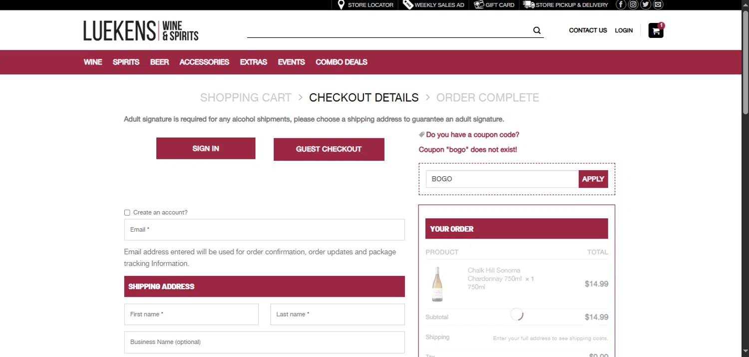 Luekens Liquors promo code screenshot showing code BOGO applied at Luekens Liquors checkout page. Uploaded by SimplyCodes community member PANDITA on Mar 19, 2025
