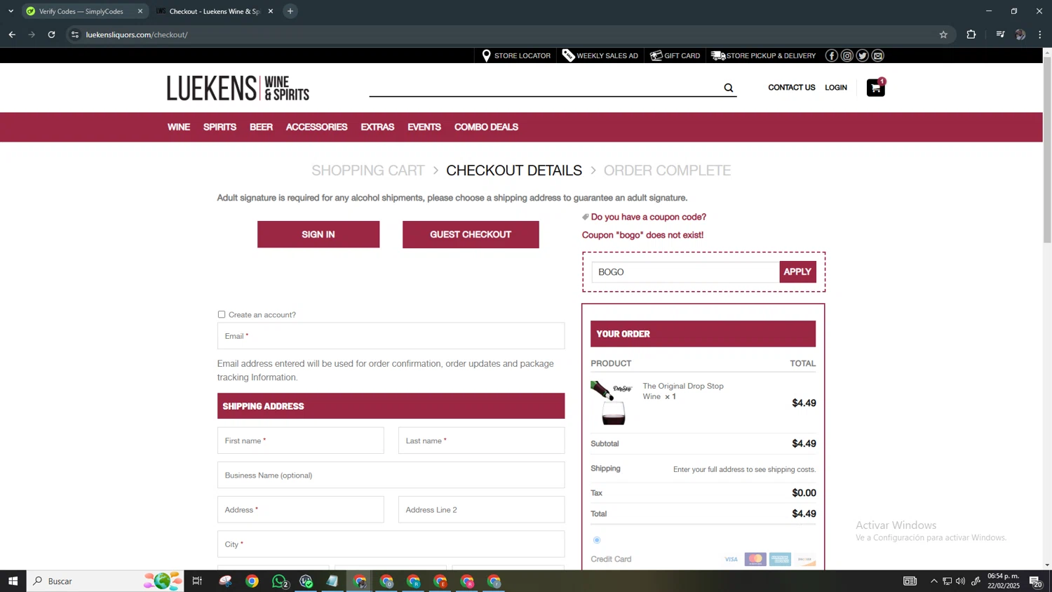 Luekens Liquors promo code screenshot showing code BOGO applied at Luekens Liquors checkout page. Uploaded by SimplyCodes community member Chamber on Feb 22, 2025