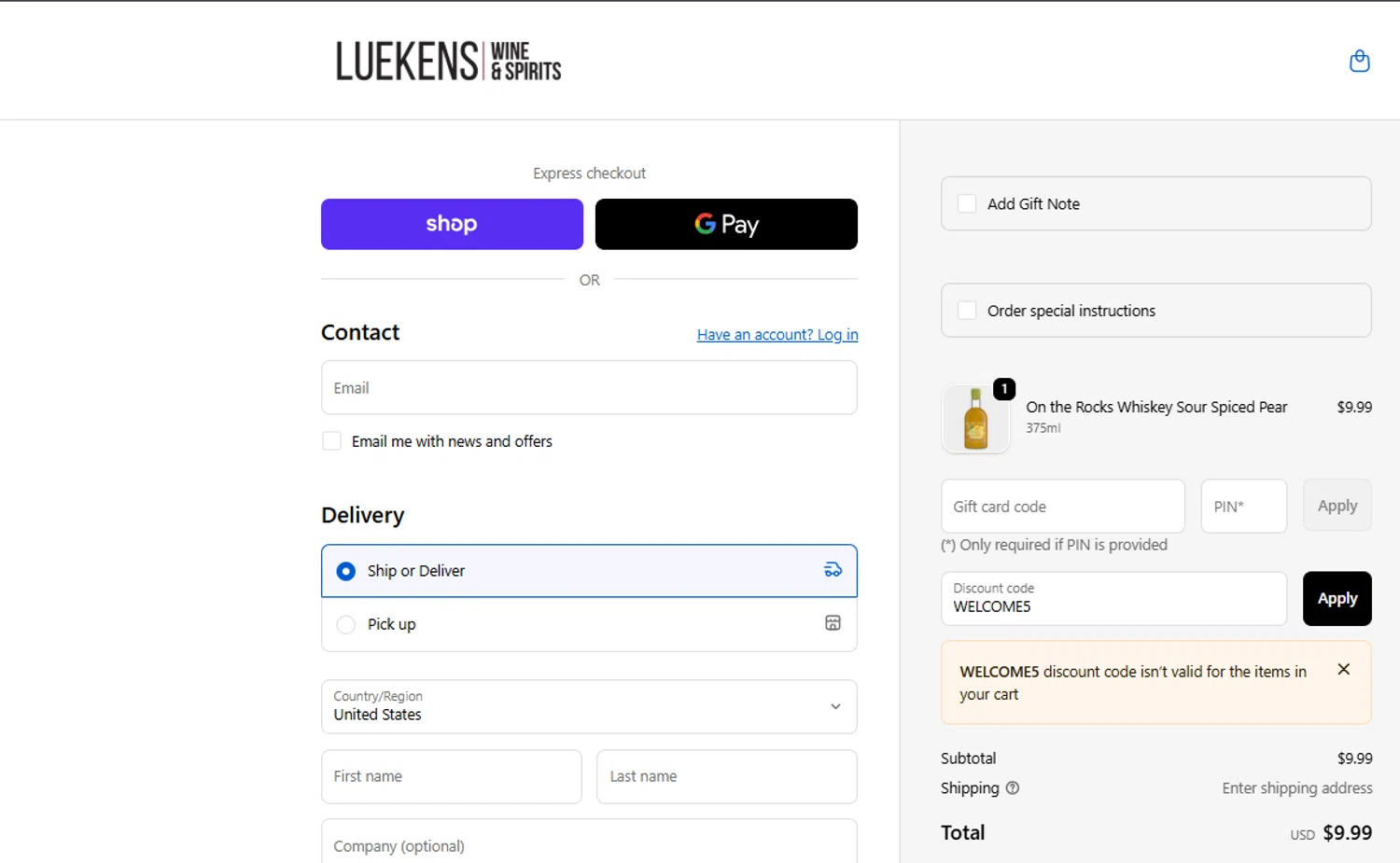 Luekens Liquors promo code screenshot showing code WELCOME5 applied at Luekens Liquors checkout page. Uploaded by SimplyCodes community member ashe1986 on Oct 30, 2025