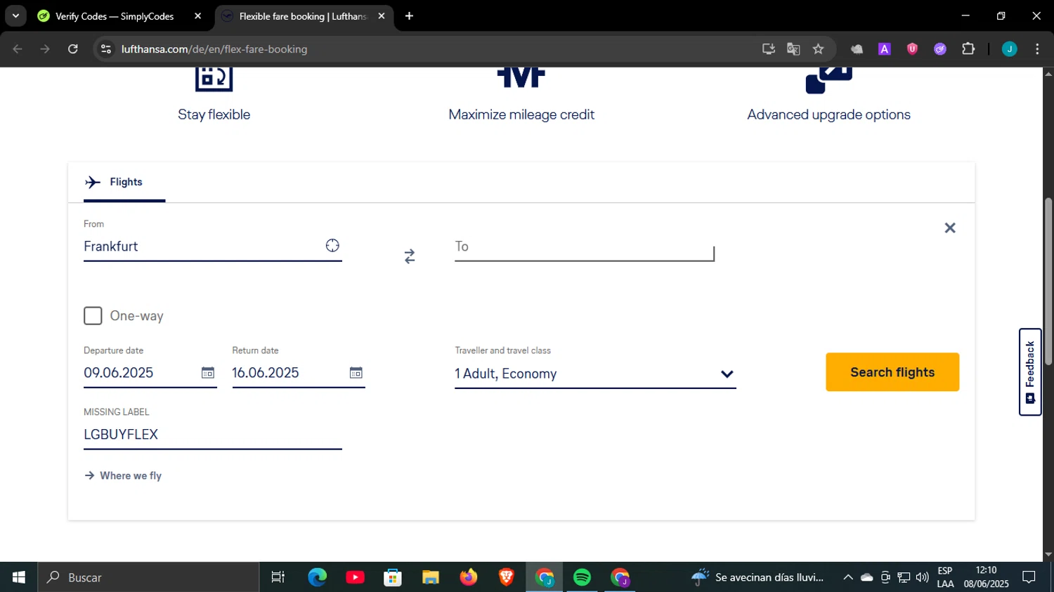 Lufthansa discount code screenshot showing code LGBUYFLEX applied at Lufthansa checkout page. Uploaded by SimplyCodes community member WonderCaptain6926 on Jun 8, 2025