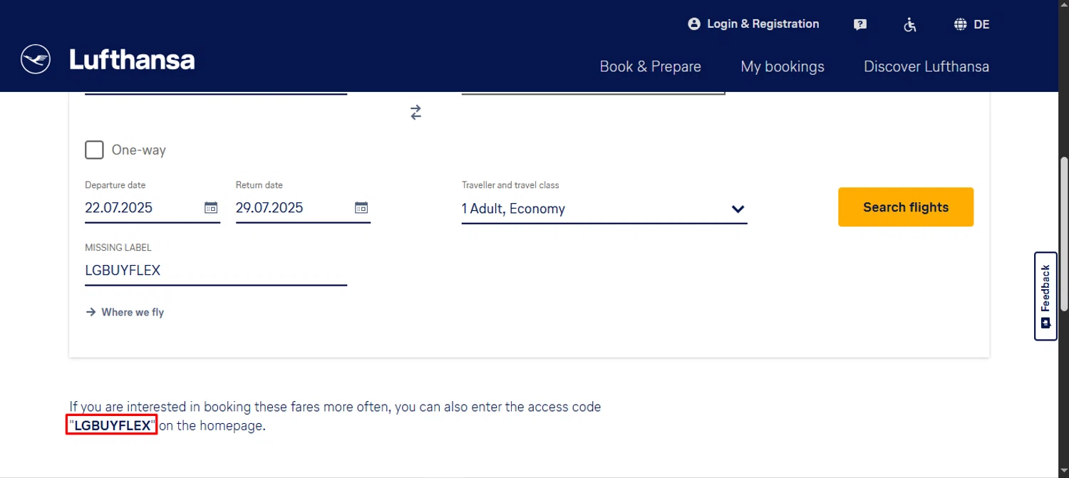 Lufthansa discount code screenshot showing code LGBUYFLEX applied at Lufthansa checkout page. Uploaded by SimplyCodes community member noworries on Jul 21, 2025