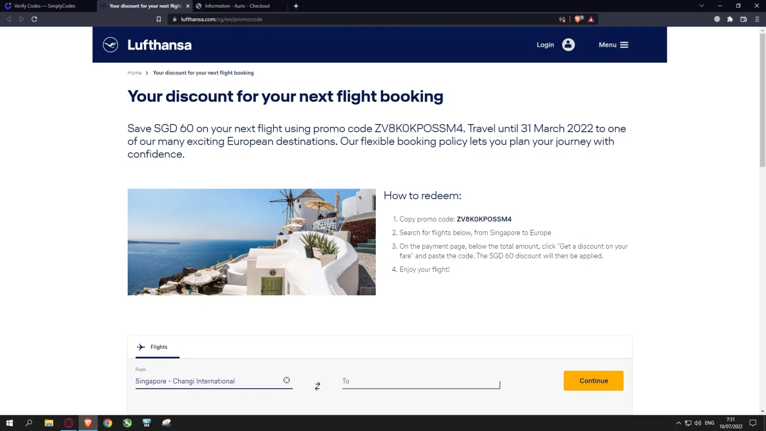 Lufthansa DE checkout page showing Lufthansa DE promo code box | Screenshot taken by SimplyCodes community member on Jul 10, 2022